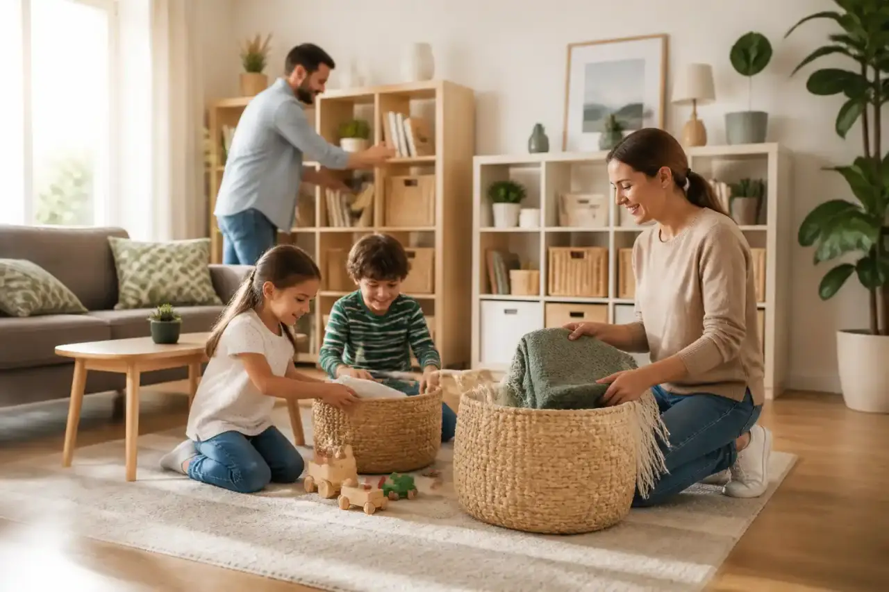 Un salon familial chaleureux, lumineux et parfaitement ordonné