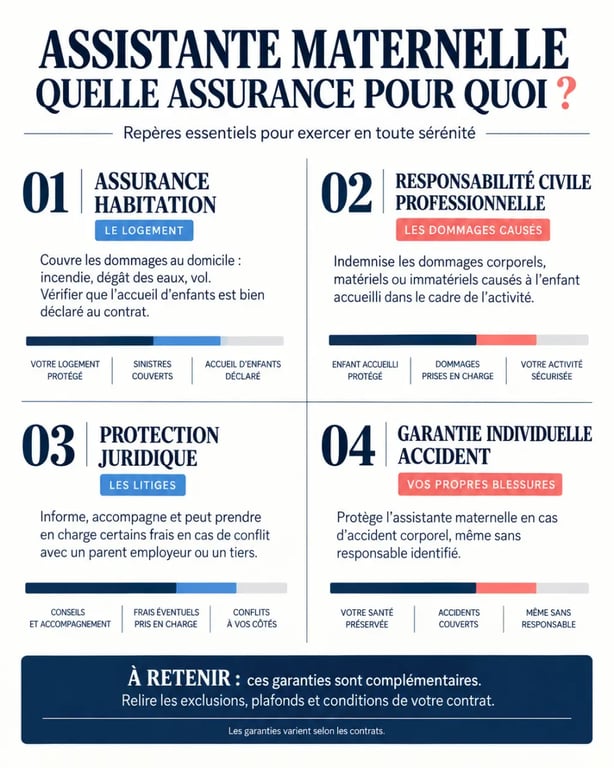 Assurance assistante maternelle : distinction entre RC vie privée, RC professionnelle, protection juridique et garantie individuelle accident