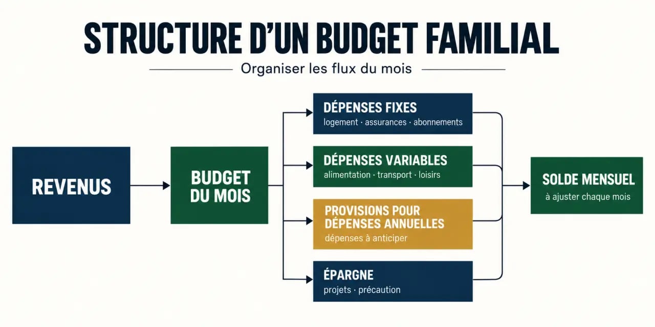 Infographie de la structure d’un budget familial avec revenus, dépenses, provisions et épargne