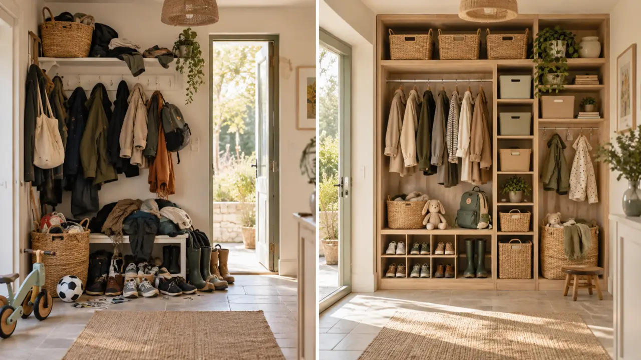 Placard familial organisé avec des paniers, des vêtements pliés et des rangements accessibles