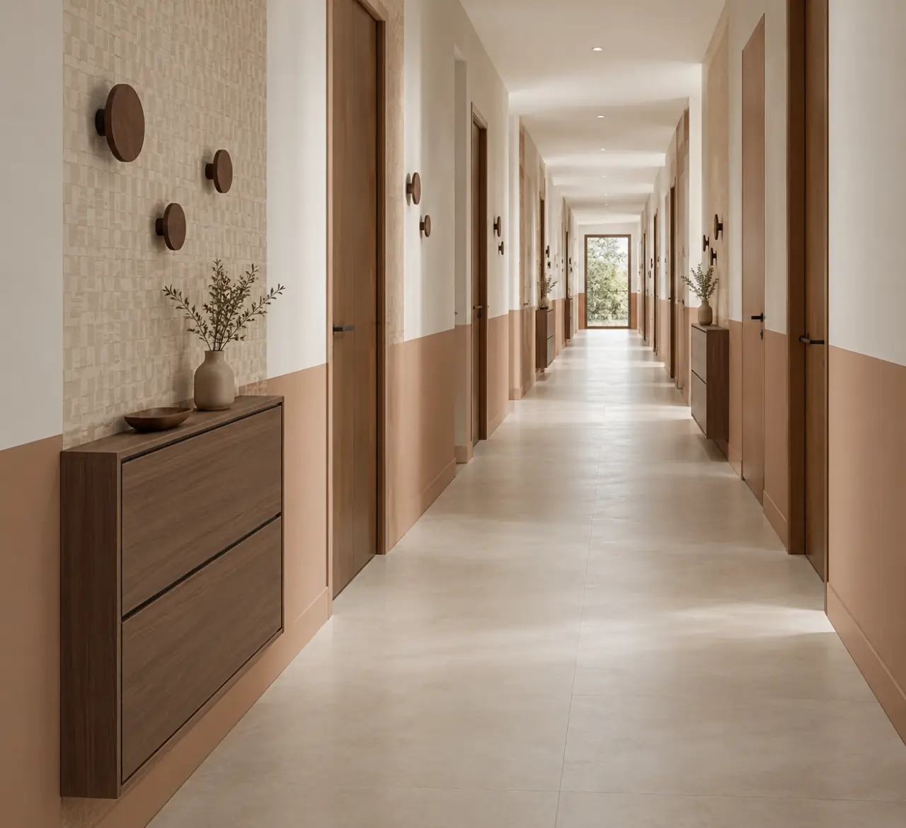 Idée déco couloir long avec soubassement, portes et rangement fin