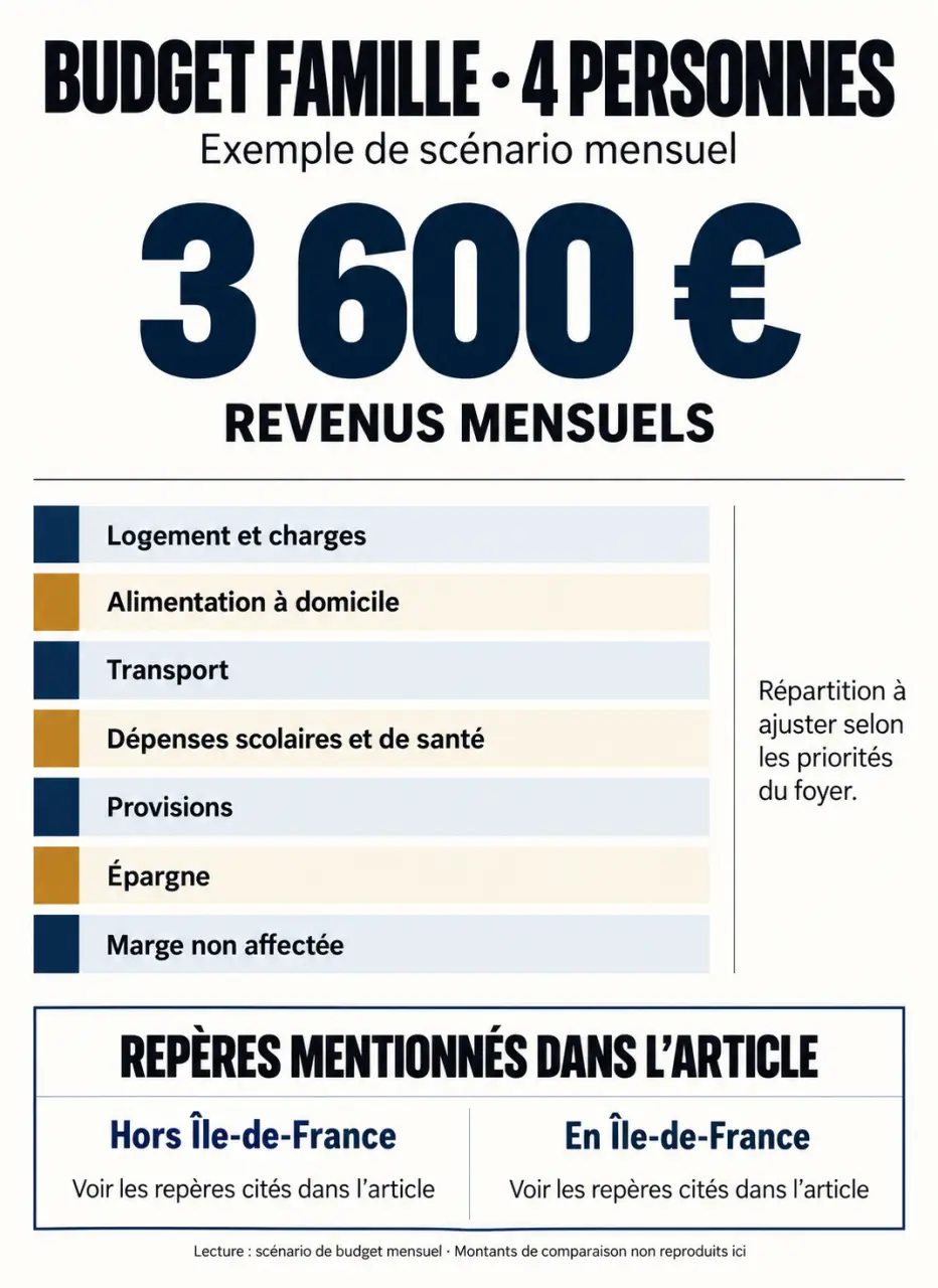 Infographie d'un exemple budget famille 4 personnes avec répartition des dépenses mensuelles