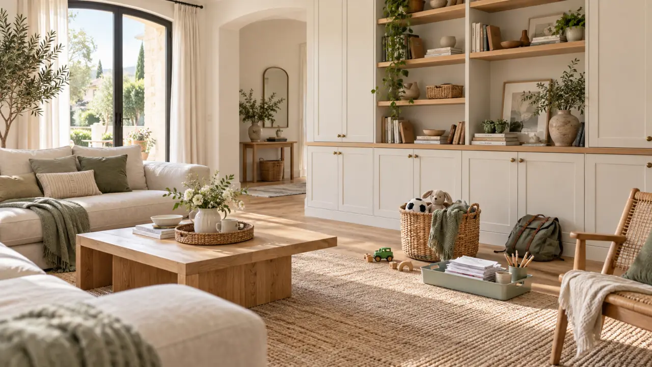 Salon familial lumineux et organisé avec des rangements en bois clair