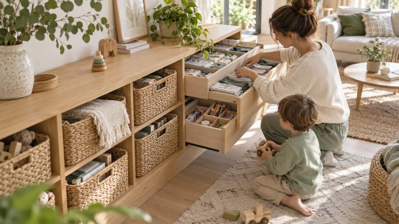 Rangements familiaux avec paniers et tiroirs dans un intérieur lumineux