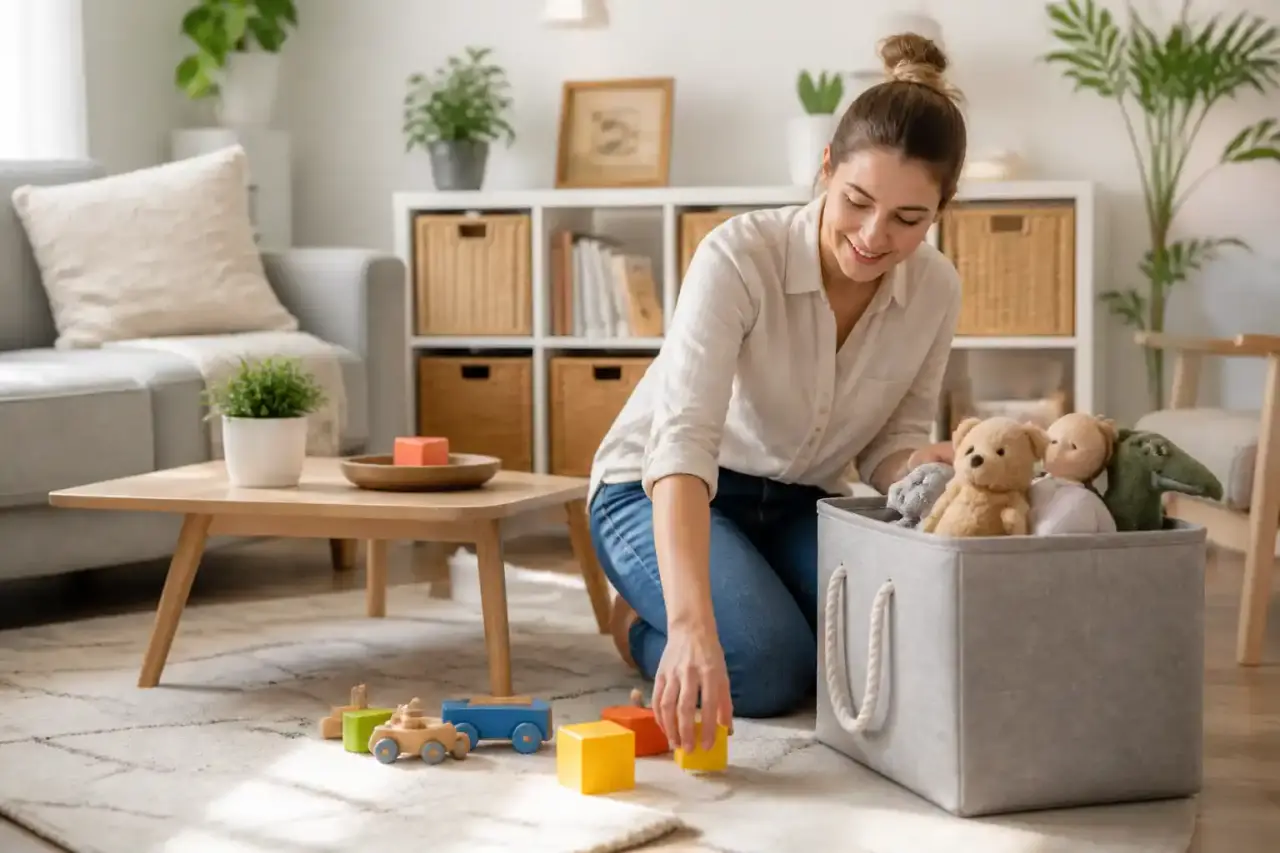 Salon familial lumineux et épuré avec rangements discrets pour les jouets