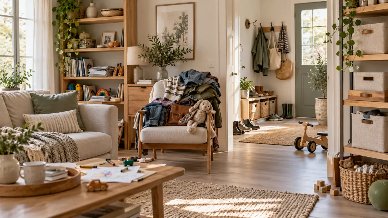 Intérieur familial lumineux et organisé avec des rangements apaisants