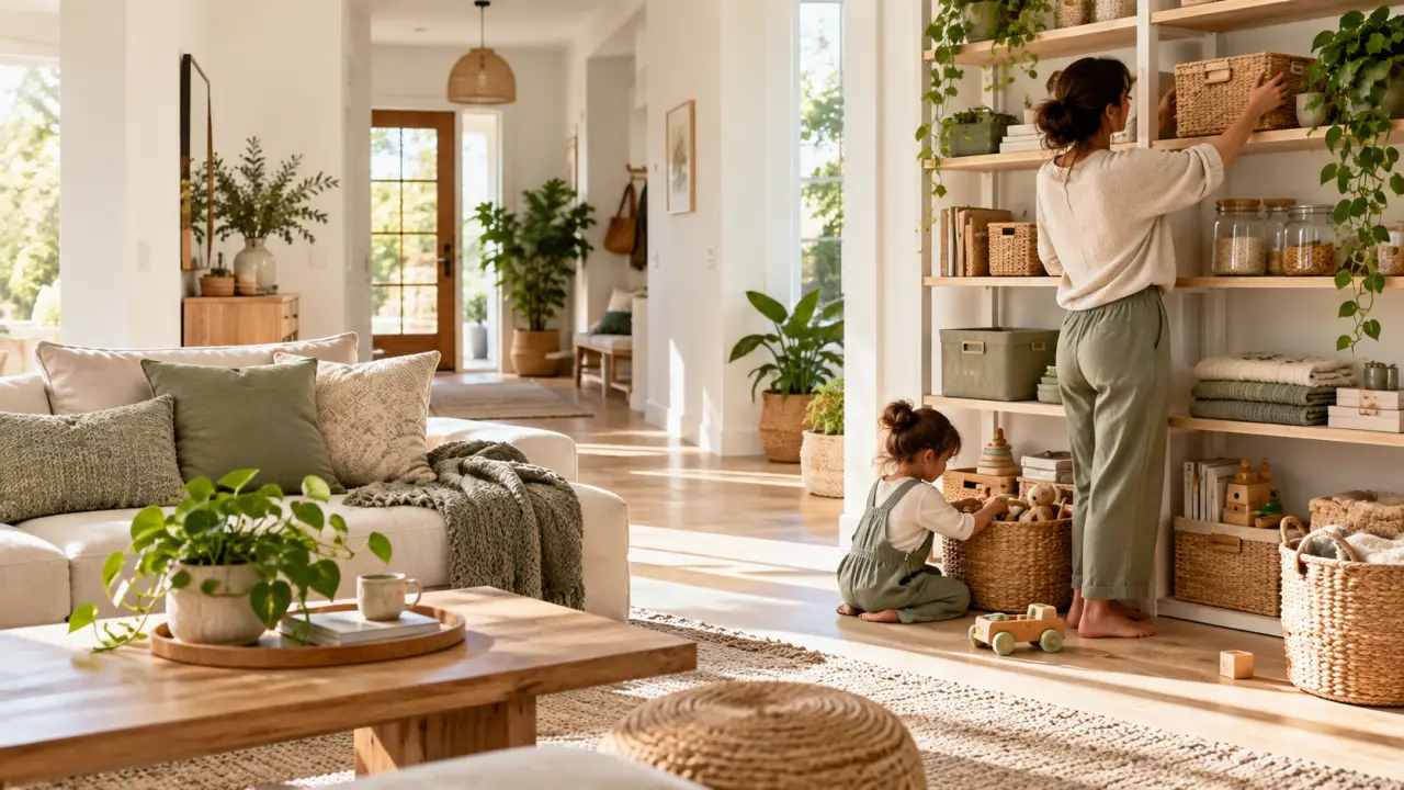 Salon familial lumineux et organisé avec des rangements simples et des matières naturelles