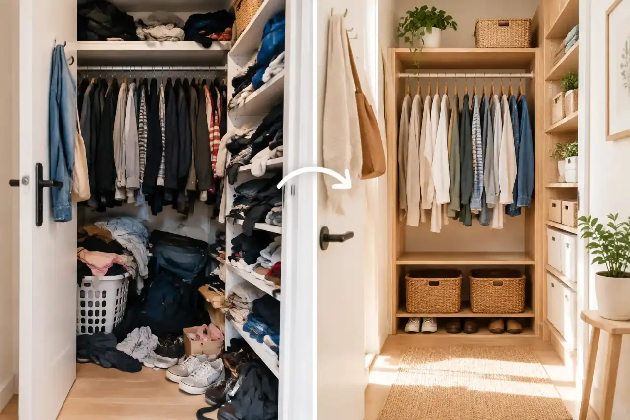 Placard familial organisé avec paniers, patères et espace dégagé pour l'entrée