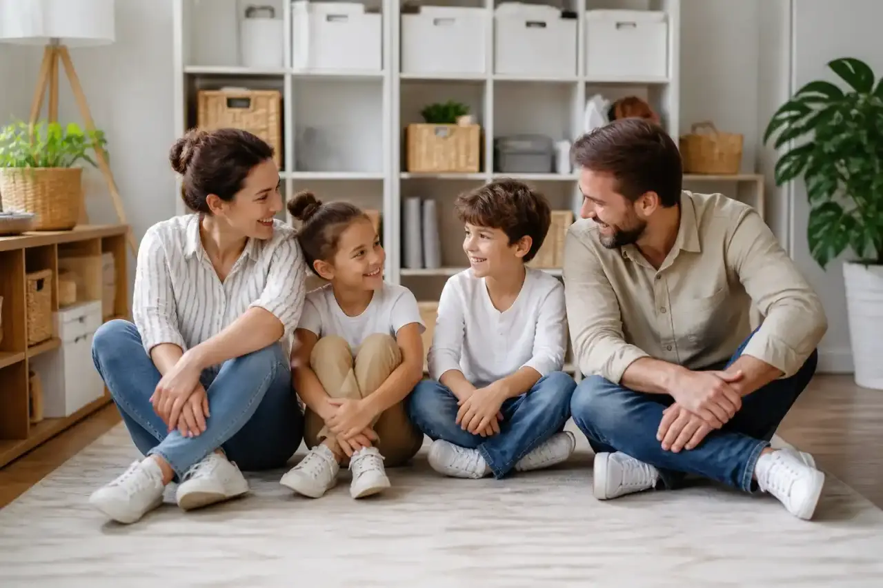 Entrée familiale lumineuse et rangée avec paniers, banc en bois et objets du quotidien organisés