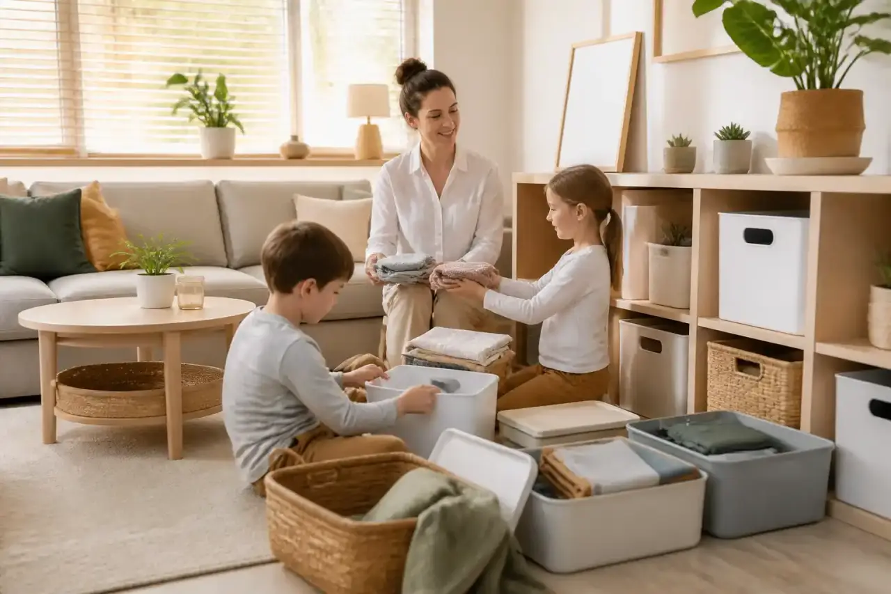 Intérieur familial chaleureux, ordonné et lumineux conçu par ZenLogis