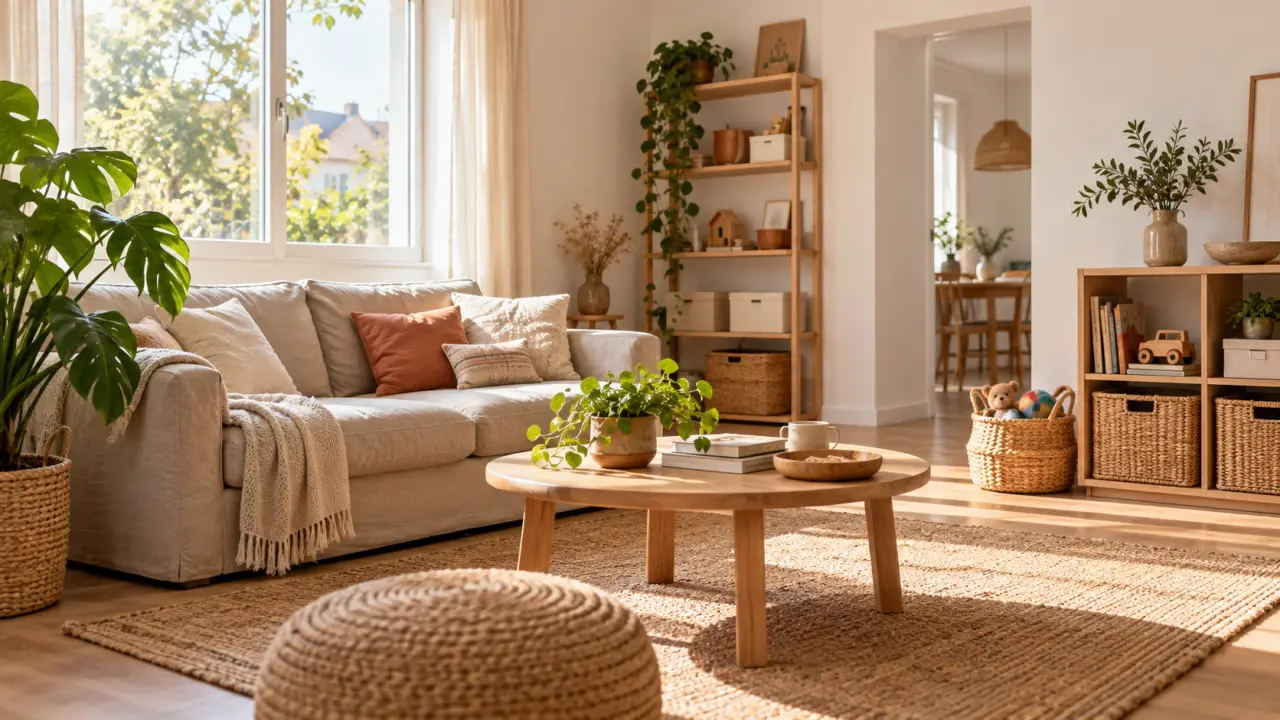 Salon familial lumineux, rangé et chaleureux avec des matières naturelles