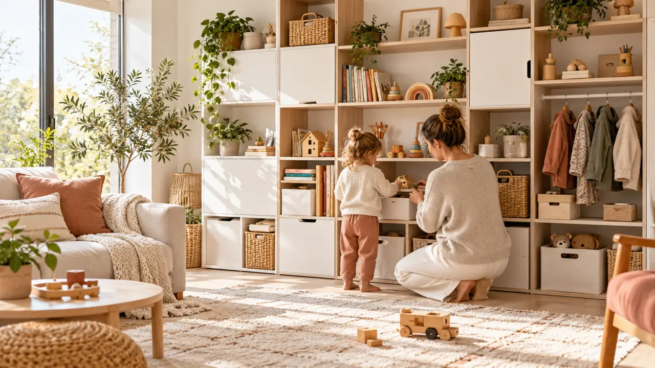 Salon familial lumineux avec des rangements modulables en bois clair