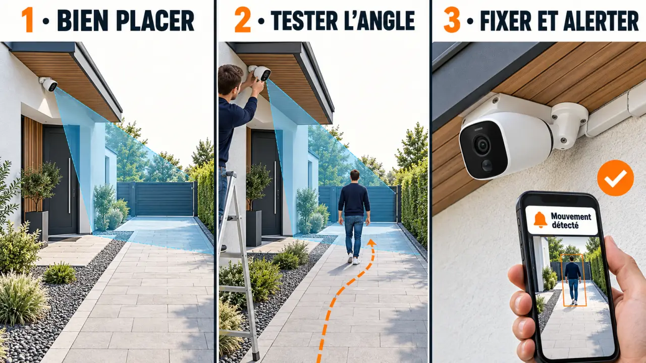 Illustration des étapes pour intégrer une caméra de surveillance dans sa maison, du cadrage au test des alertes