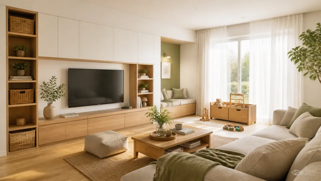 Salon familial lumineux et épuré, pensé pour un rangement invisible et une ambiance apaisante
