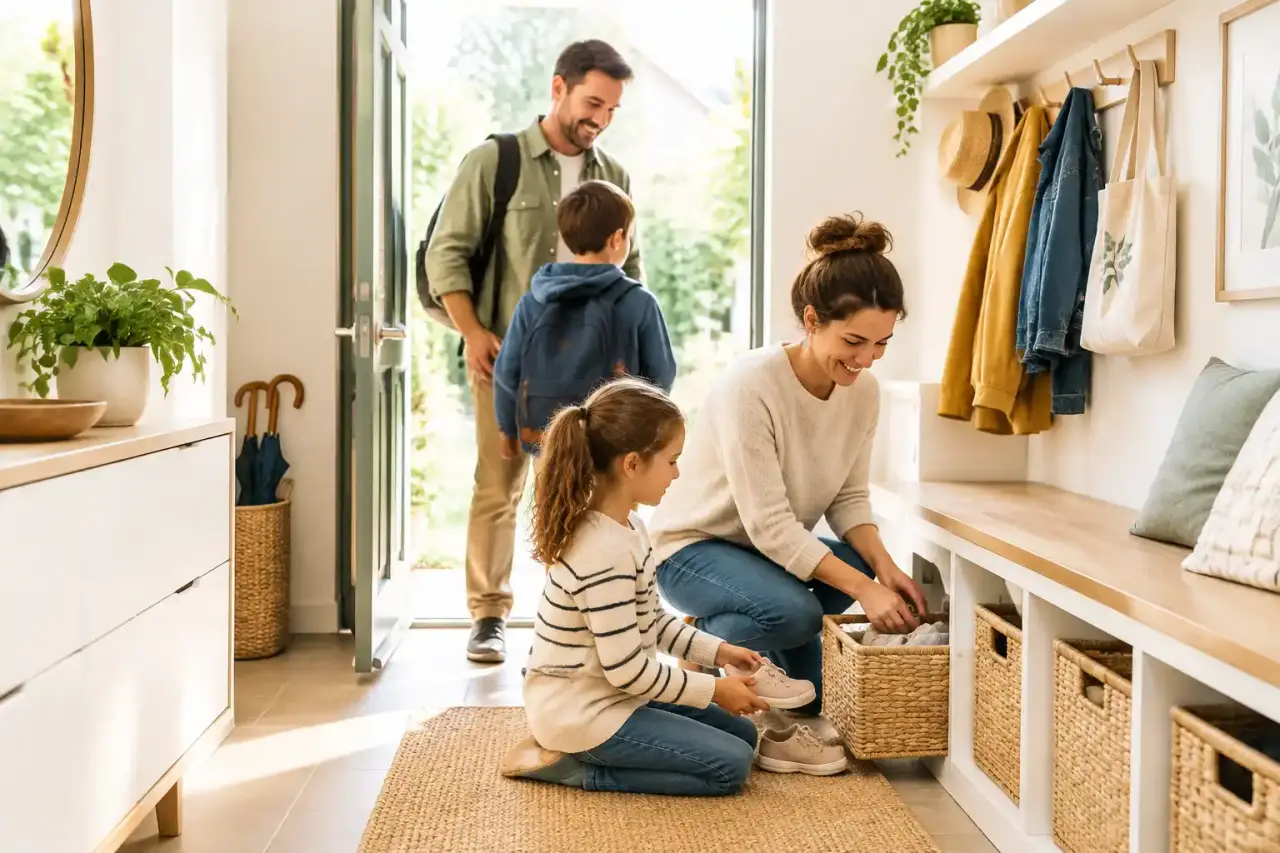 Entrée familiale lumineuse, rangée et chaleureuse avec des patères en bois et un banc de rangement