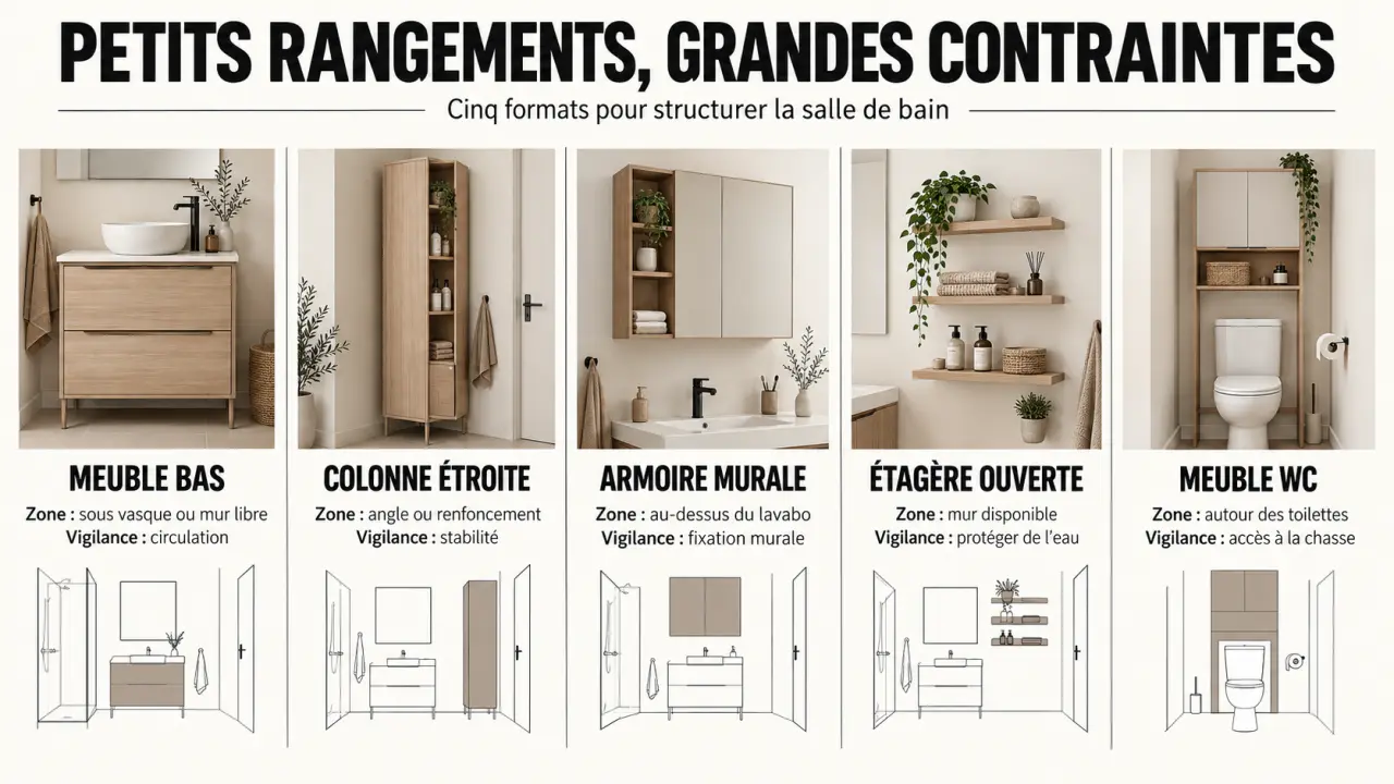 Formats de petit meuble de rangement salle de bain et points de vigilance