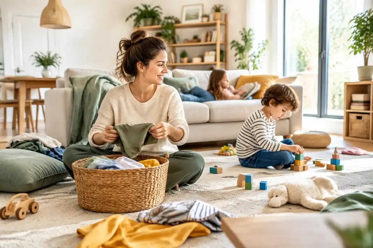 Intérieur familial lumineux et chaleureux, avec quelques objets du quotidien dans une ambiance apaisante