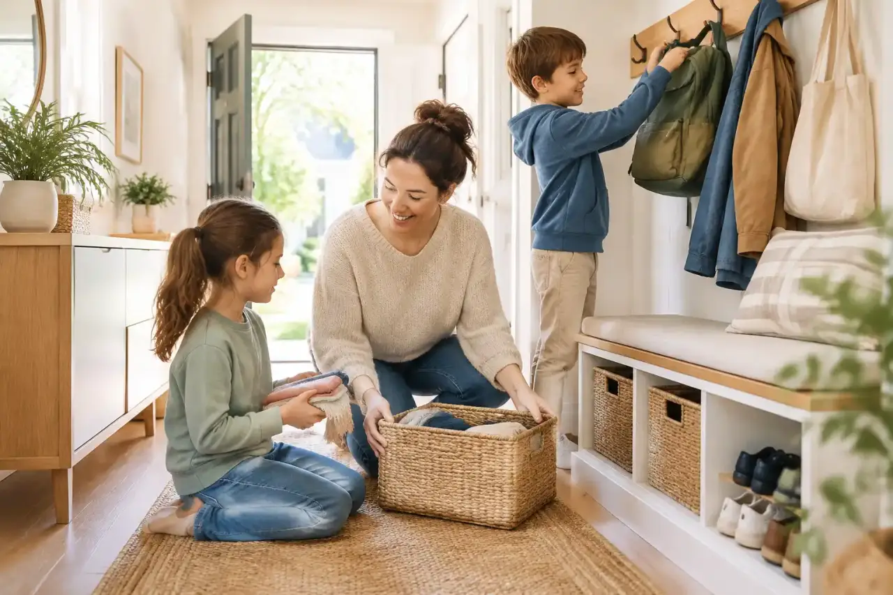 Entrée familiale lumineuse, organisée avec un banc, des patères et des paniers de rangement