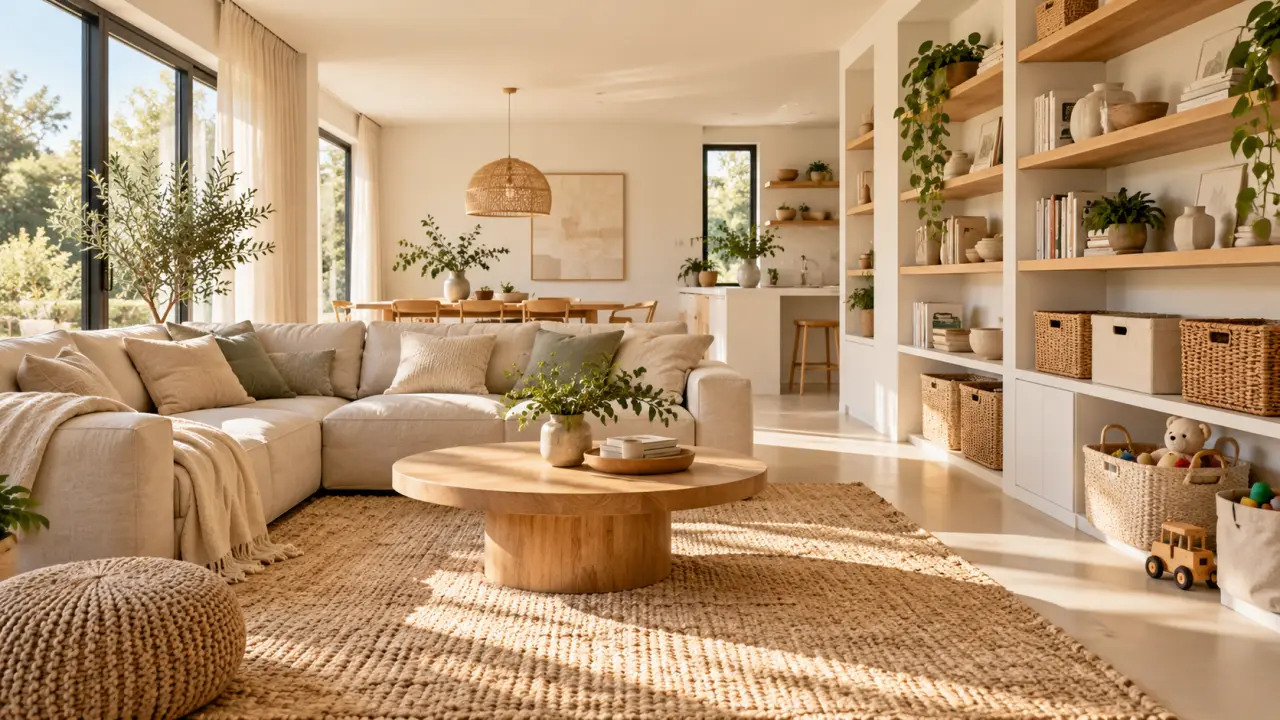Salon familial lumineux avec des rangements en bois, des matières naturelles et une ambiance apaisante