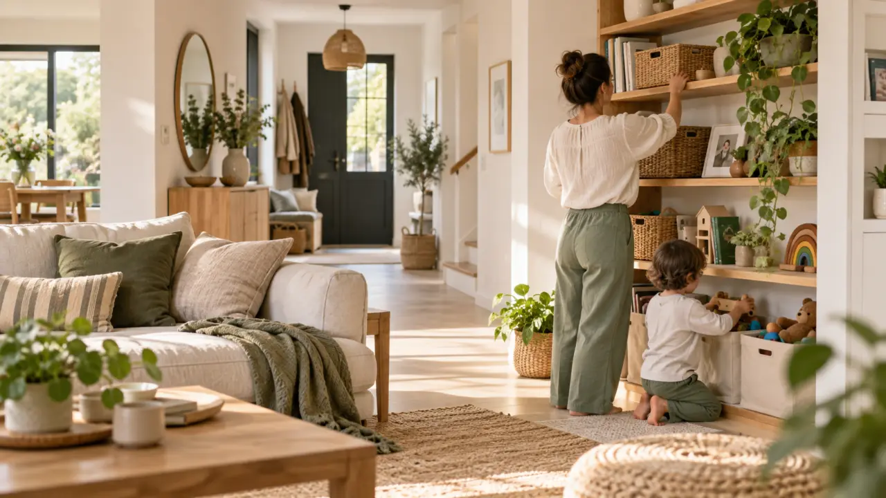 Intérieur familial lumineux et rangé avec des solutions simples et durables