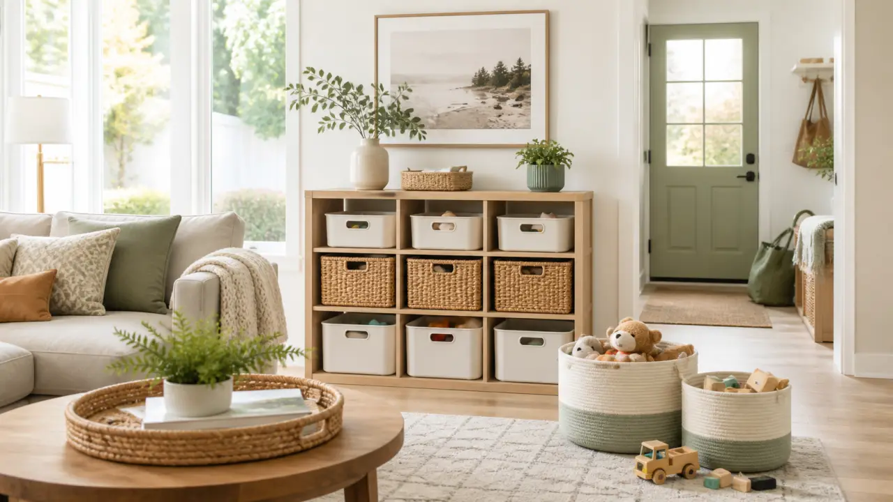 Salon familial lumineux et épuré, organisé de façon apaisante