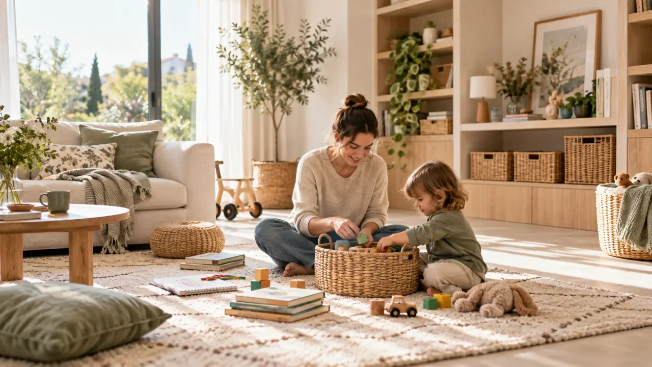 Salon familial lumineux et apaisant avec des rangements naturels