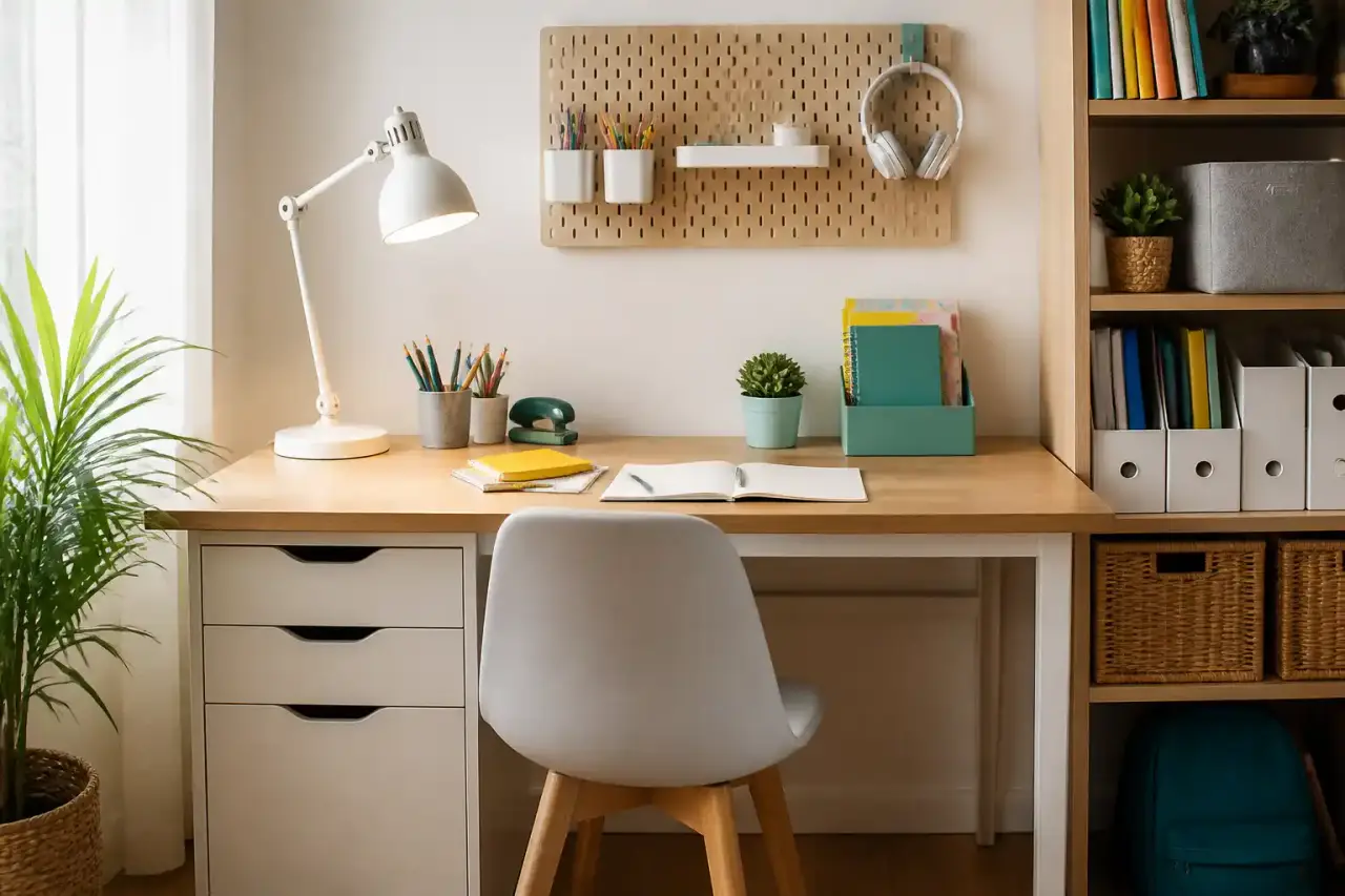 Coin devoirs lumineux et rangé dans un intérieur familial apaisant