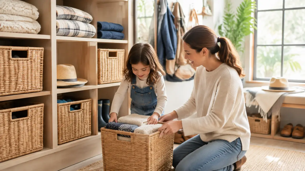 Salon familial lumineux et épuré avec des rangements discrets et une ambiance apaisante