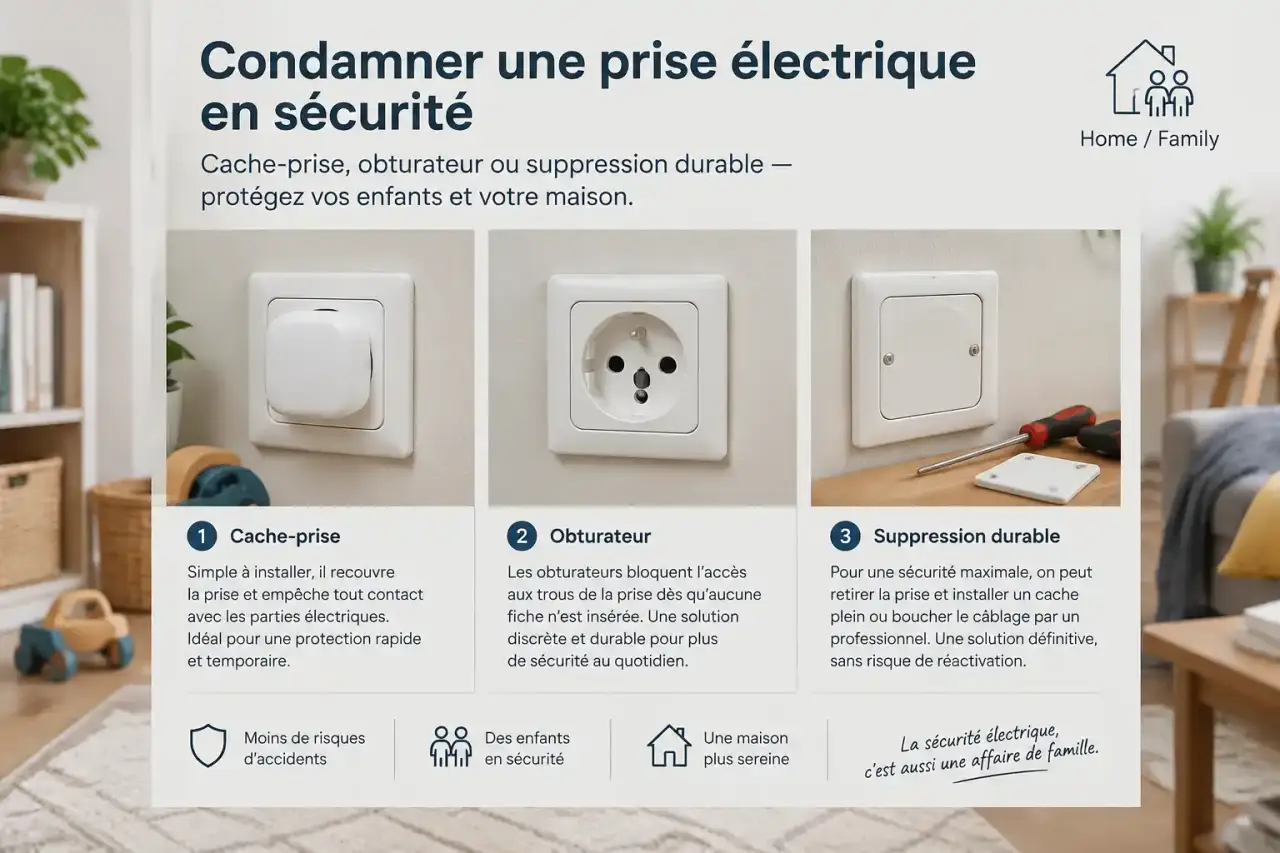 Condamner une prise électrique en sécurité : cache-prise, obturateur ou suppression durable
