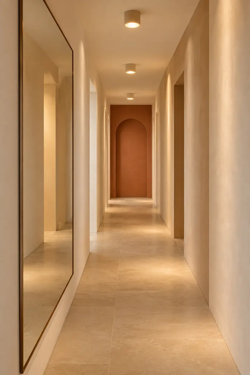 Idée déco couloir long avec miroir latéral et éclairage réparti