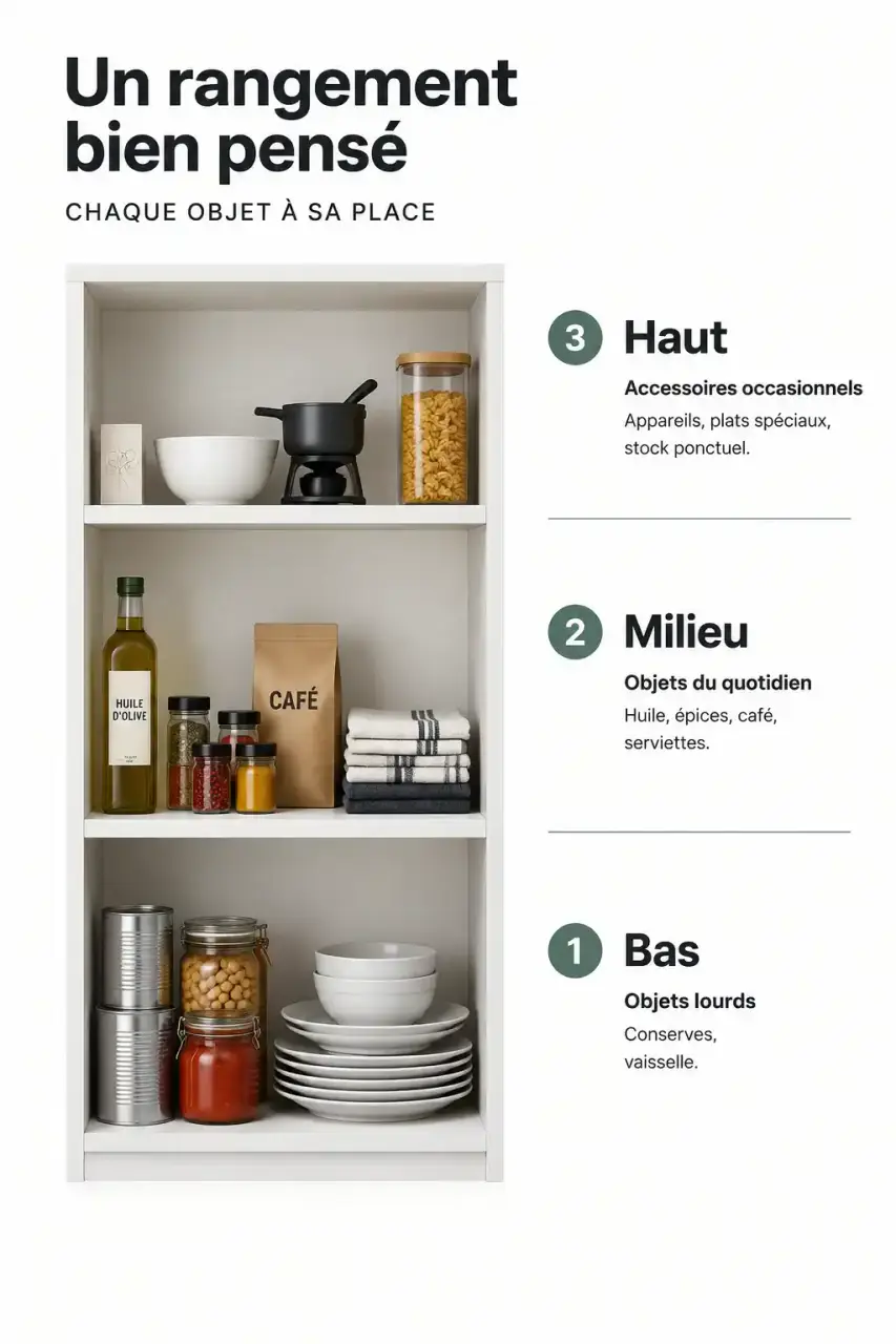 Répartition des objets dans un meuble rangement colonne : lourd en bas, quotidien à hauteur des yeux, occasionnel en haut
